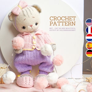 SET Crochet patterns Cat toy and her clothes / Polushkabunny