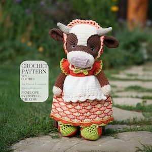 May include: A crocheted cow toy wearing a peach-colored bonnet, a white apron, and a dress with a peach and orange scalloped pattern, featuring green shoes. Text on the left reads: CROCHET PATTERN TOY + CLOTHES by Mariia Ermolova @polushkabunny PENELOPE EVERSPELL, THE COW.