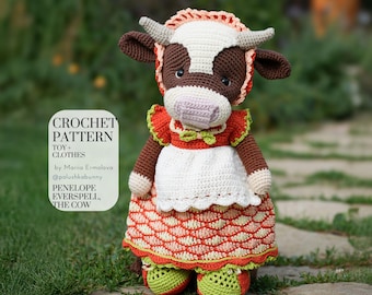 May include: A crocheted cow toy wearing a peach-colored bonnet, a white apron, and a dress with a peach and orange scalloped pattern, featuring green shoes. Text on the left reads: CROCHET PATTERN TOY + CLOTHES by Mariia Ermolova @polushkabunny PENELOPE EVERSPELL, THE COW.