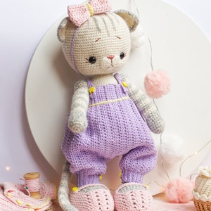 Handmade Crochet Kitten Toy in Red Jumpsuit main image 0
