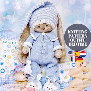 May include: Knitting pattern for a blue bunny outfit, ideal for bedtime. The pattern includes instructions for a hat, pyjamas, and slippers. The bunny is wearing a white sleep mask and has long, floppy ears.