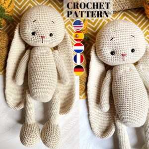 May include: Crochet pattern for a beige bunny with long ears. The pattern is available in English, Spanish, Dutch, French, and German.