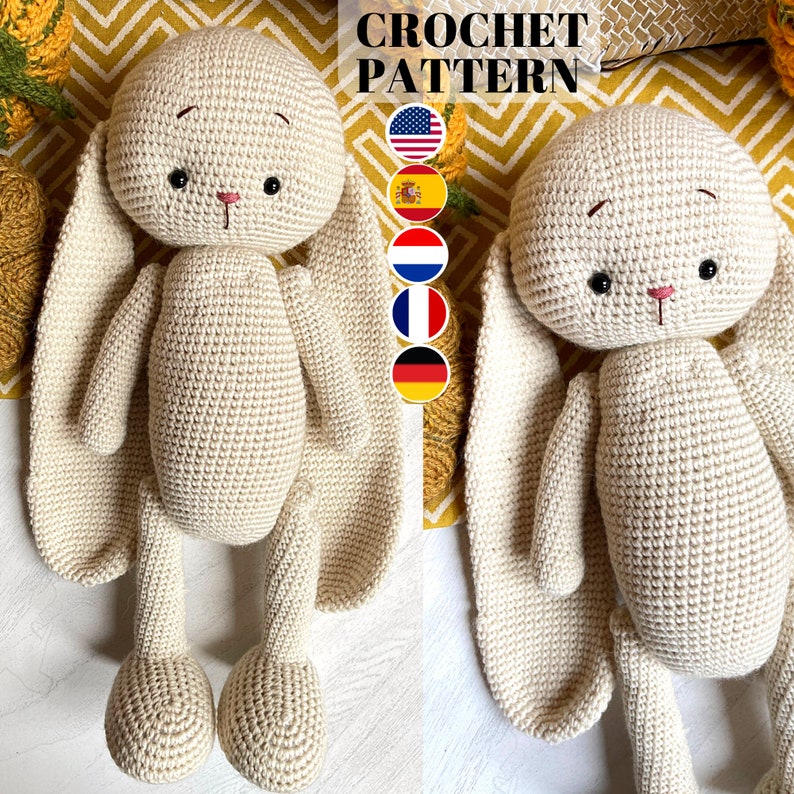 May include: Crochet pattern for a beige bunny with long ears. The pattern is available in English, Spanish, Dutch, French, and German.