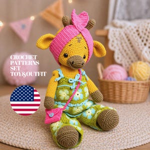 May include: A crocheted giraffe toy, wearing a pink headband and a green and blue outfit, with a small pink purse. The toy is sitting on a beige rug. The text "CROCHET PATTERNS SET TOY & OUTFIT" is visible.