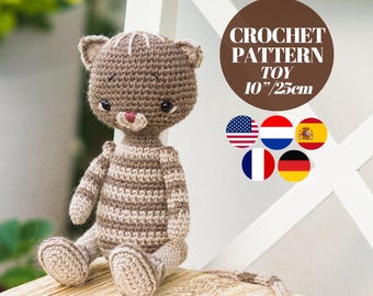 May include: Crochet pattern for a 10-inch brown and white striped cat toy. The pattern is available in English, French, German, Dutch, Spanish, and Italian.