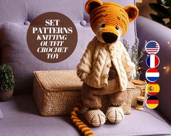 SET - Crochet Tiger Pattern + Knitting Toy Clothes Patterns - Polushkabunny