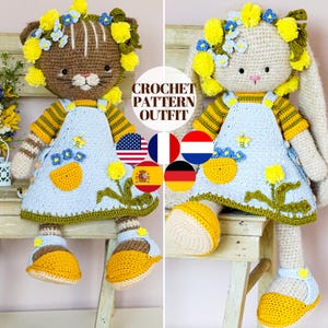 May include: Crochet pattern for a cat and bunny doll outfit. The dolls are wearing blue dresses with yellow flowers and a bee design. The pattern is available in English, French, Dutch, Spanish, German, and Italian.