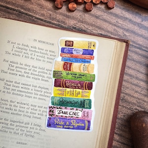 Bookstack Sticker (Jane Austen, Pride and Prejudice, Jane Eyre, Rebecca, Little Women, The Bell Jar, Gone with the Wind, Wuthering Heights)