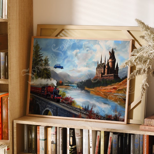 Magical Fantasy School Art Print (Witches and Wizards, Bookish Wall Art, Express Steam Train, Oil Painting)