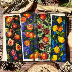 Fruit Stained Glass Style Bookmark: Transparent Acrylic, Pomegranate Lemon Fig