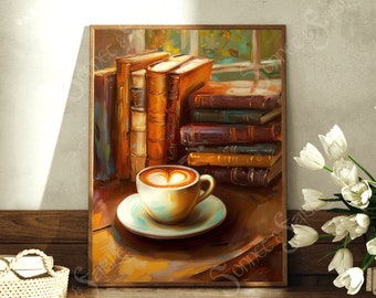 Reader's Table Art Print (Bookish Print, Boeken en Koffie, Boekenliefhebbers Cadeau, Leescadeau, Olieverfschilderij, Cappuccino Kitchen Art Poster)