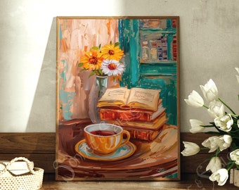Leesgrage tabel Art Print (leesachtige print, boeken en thee, boekenliefhebbers cadeau, lezers cadeau, olieverfschilderij kunst, koffie keuken kunst poster)