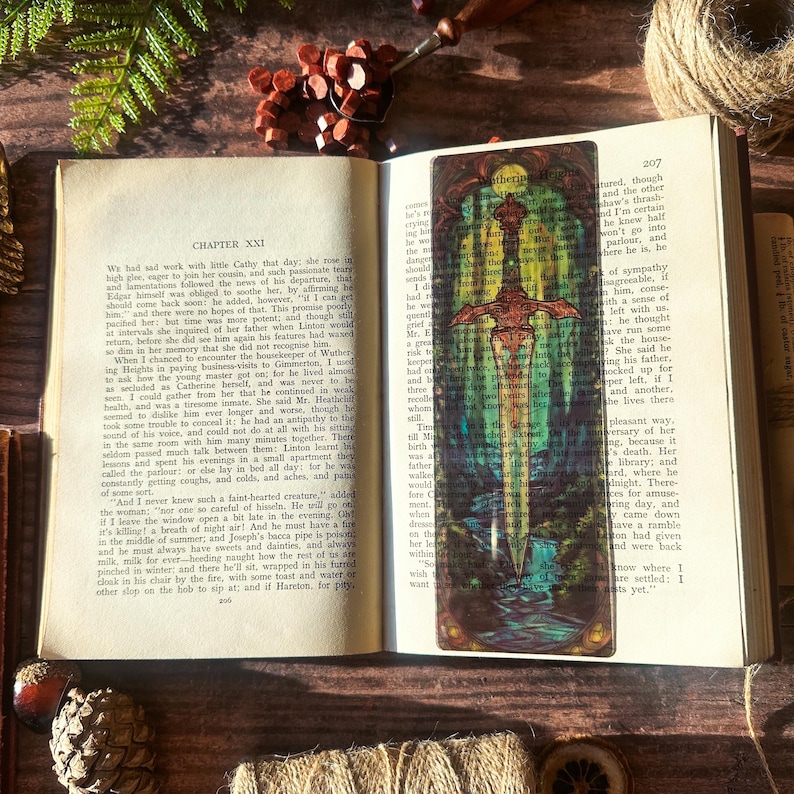 Botanical Sword Bookmark: Transparent Stained Glass Style, Cottagecore Reader Elven Sword