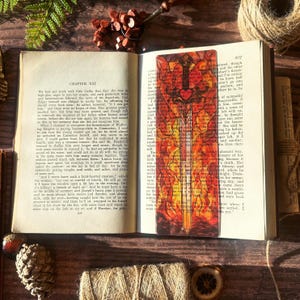 Botanical Sword Bookmark: Transparent Stained Glass Style, Cottagecore Reader Fireheart Sword