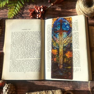 Botanical Sword Bookmark: Transparent Stained Glass Style, Cottagecore Reader Sword in Lake