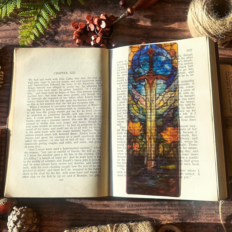 Botanical Sword Bookmark: Transparent Stained Glass Style, Cottagecore Reader Sword in Lake
