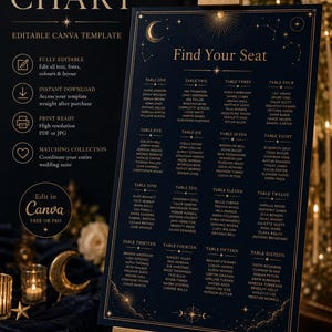 May include: A dark blue wedding seating chart template featuring gold celestial motifs, stars, and a crescent moon. The text reads Celestial Twilight, Find Your Seat, and lists sixteen tables with names. It includes icons for editing and downloading.