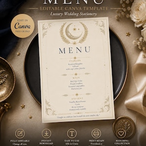 May include: A cream-colored menu card featuring gold celestial illustrations of a crescent moon, stars, and laurel wreaths. The text reads Celestial Twilight Menu, listing starter, main, and dessert courses, with the quote Tonight we celebrate love beneath the same timeless sky at the bottom.