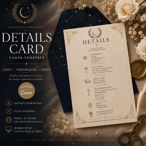 May include: A cream-colored wedding details card featuring dark blue text and gold celestial icons including a moon, stars, and laurel wreaths. The card lists ceremony, reception, dress code, accommodation, and RSVP information with a matching dark blue envelope.