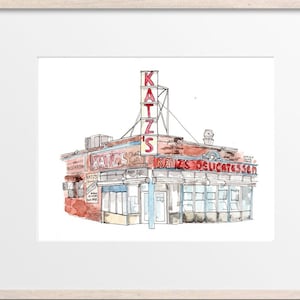 Katz's Delicatessen Hand Drawn in Watercolor - New York Storefront / Original Art Print / NYC Restaurant / NYC Artwork / NYC illustration