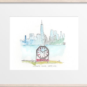 May include: Watercolor painting of the Colgate Clock in Jersey City, New Jersey. The clock is a large, round clock with a black face and white hands. The clock is set against a backdrop of the New York City skyline, which is depicted in the background.