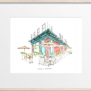 May include: A hand-drawn illustration of a restaurant with a teal green awning and red brick exterior. The restaurant has a patio with tables and chairs under umbrellas. The text "Zack's Hoboken" is written below the image.