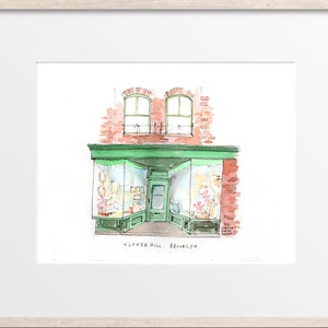 Clover Hiill, Hand Drawn in Watercolor - Brooklyn Storefront / Original Art Print / NYC Restaurant / NYC Artwork / NYC illustration