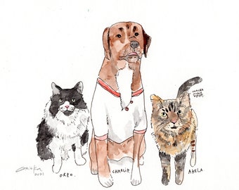 手描きのカスタムペットポートレート水彩画 5 x 7インチ / 犬と猫の絵 / カスタムペットポートレート / ペット愛好家へのギフト / 犬猫アートワーク絵画