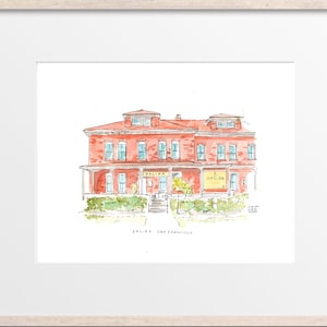 May include: A watercolor illustration of a red brick building with a sign that reads "DALIDA" in yellow letters. The building has a porch with white columns and a green bush in front. The text "DALIDA, San Francisco" is written below the building.