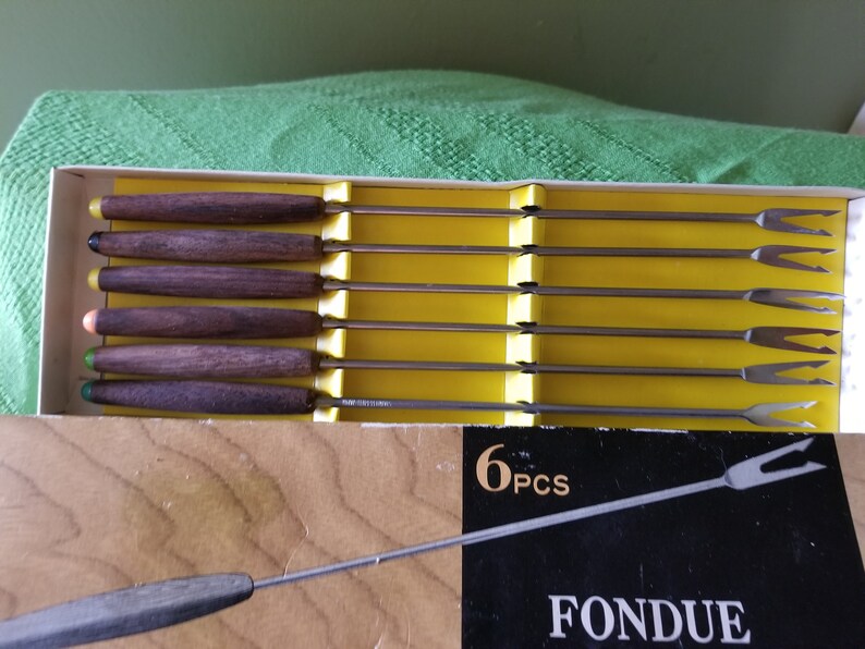 Set of 6 Vintage Fondue Fork Set Wood /& Stainless Fondue Fork Set