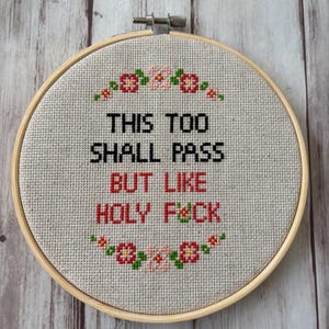 May include: A white embroidery hoop with the phrase "This too shall pass but like holy f*ck" stitched in black thread. The hoop is decorated with a border of red and pink flowers.
