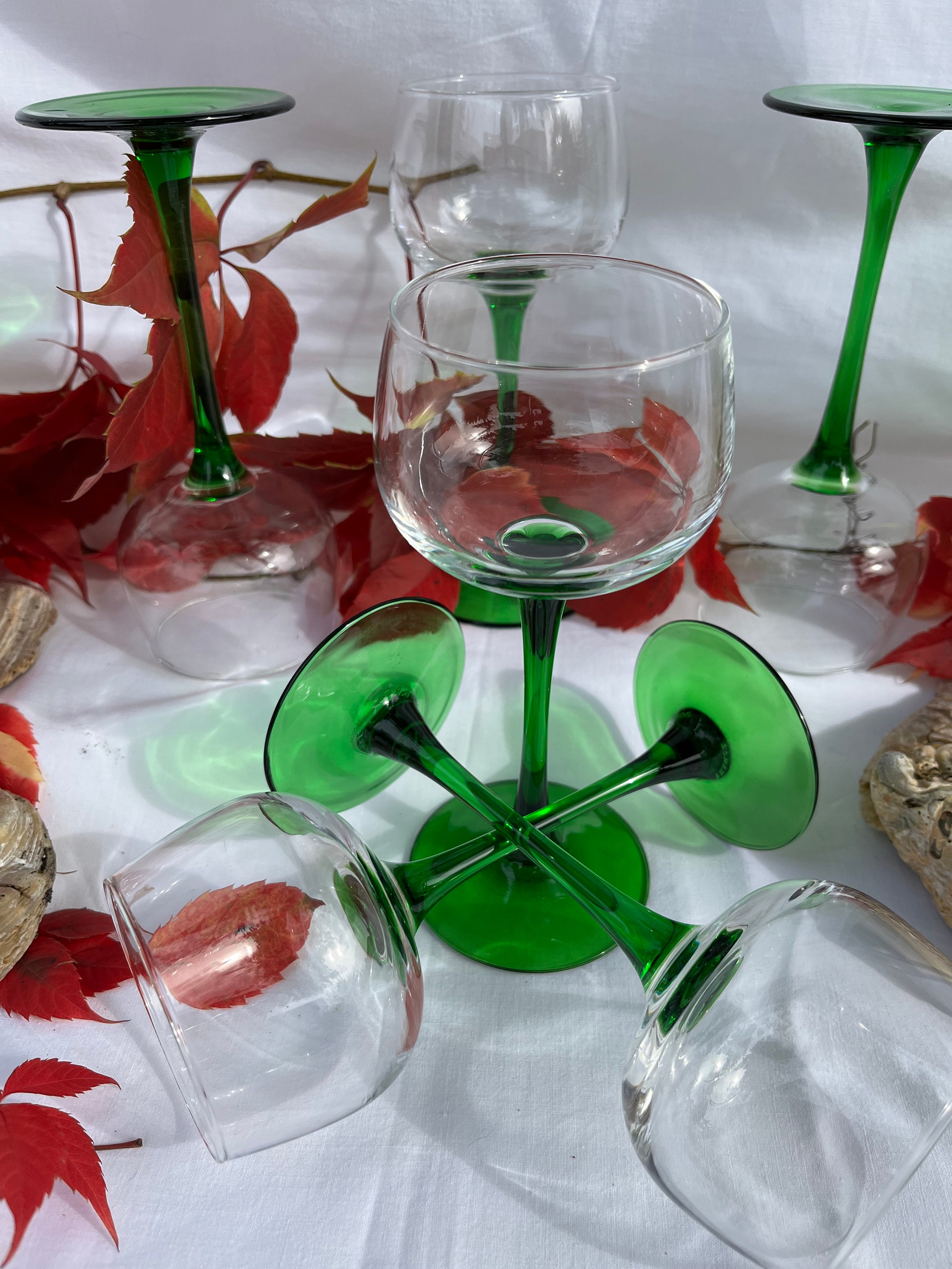 6 Alsace wine glasses, 70s glasses, green stemmed glass