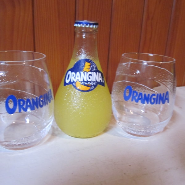 Two ORANGINA glasses, advertising glasses, bar glasses, brasserie or restaurant