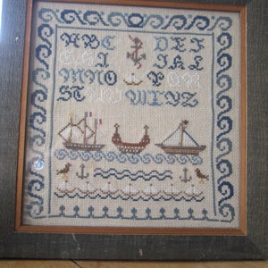 Vintage primer made with cross stitch, primer pattern boats cross stitch, blue, alphabet book of the 80s image 7