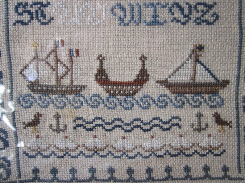 Vintage primer made with cross stitch, primer pattern boats cross stitch, blue, alphabet book of the 80s image 5