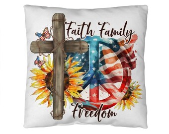 Almohada cómoda para interiores y exteriores con diseño patriótico de libertad y familia de fe