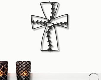 Letrero de pared de metal con diseño de cruz y fe en el béisbol