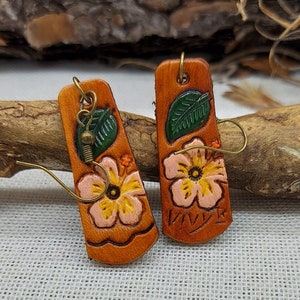 Hand Stamped Leather Earrings: Pink Hibiscus Flower, Southwest Boho Style