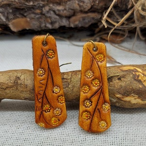 Leather Earrings Hand Stamped and Hand Painted Golden Wheat Flower Design, Southwest Jewelry for any Occasion, Cowgirl or Boho Style