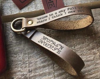Custom Engraved Leather Keychain – Coordinates, Name, Route Driver Gift