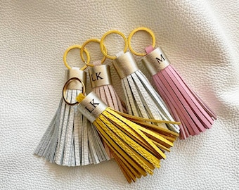 Personalized Leather Tassel Keychain, Bridesmaid Wedding Gift, Custom Name Accessory