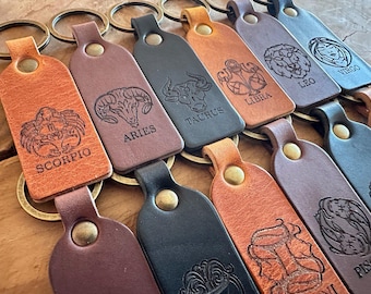 Laser Engraved Leather Zodiac Keychain – Astrology Sign Personalized Horoscope Keyring