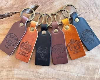 Laser Engraved Zodiac Leather Keychain – Astrology Sign Keyring, Personalized Accessory
