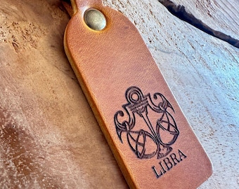 Laser Engraved Leather Keychain – Zodiac Astrology Sign, Personalized Accessory