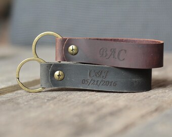 Personalized Leather Keychain – Custom Engraved Coordinates, Initials – Heavy Duty Workman Gift