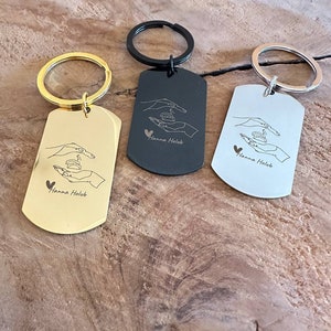 Op de afbeelding: Drie metalen sleutelhangers in goud, zwart en zilver. Elke sleutelhanger heeft een rechthoekig label met een afbeelding van handen die een klein object vasthouden, een hart en de naam "Hanna Holub". De sleutelringen zijn bevestigd aan de bovenkant van de labels.