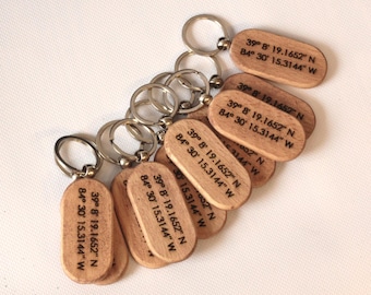 Wooden Semi Circle Keychain, Custom Engraved Coordinates, 5th Anniversary Gift, Realtor Closing Tag