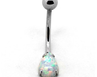 14K White or Yellow Gold Solitaire Belly Ring with Pear Shaped Opal