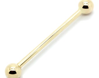 14K Yellow Gold Industrial Scaffold Straight Barbell with Screwball – Sizes 10G-18G