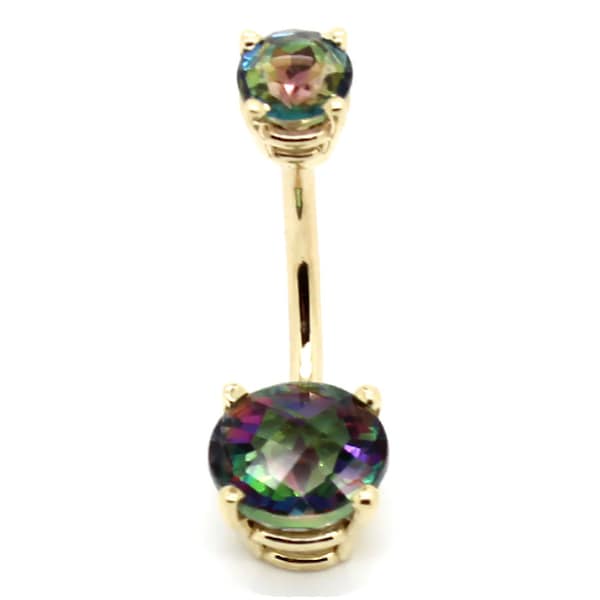 14K Yellow or White Gold Double Round Belly Ring with Mystic Topaz